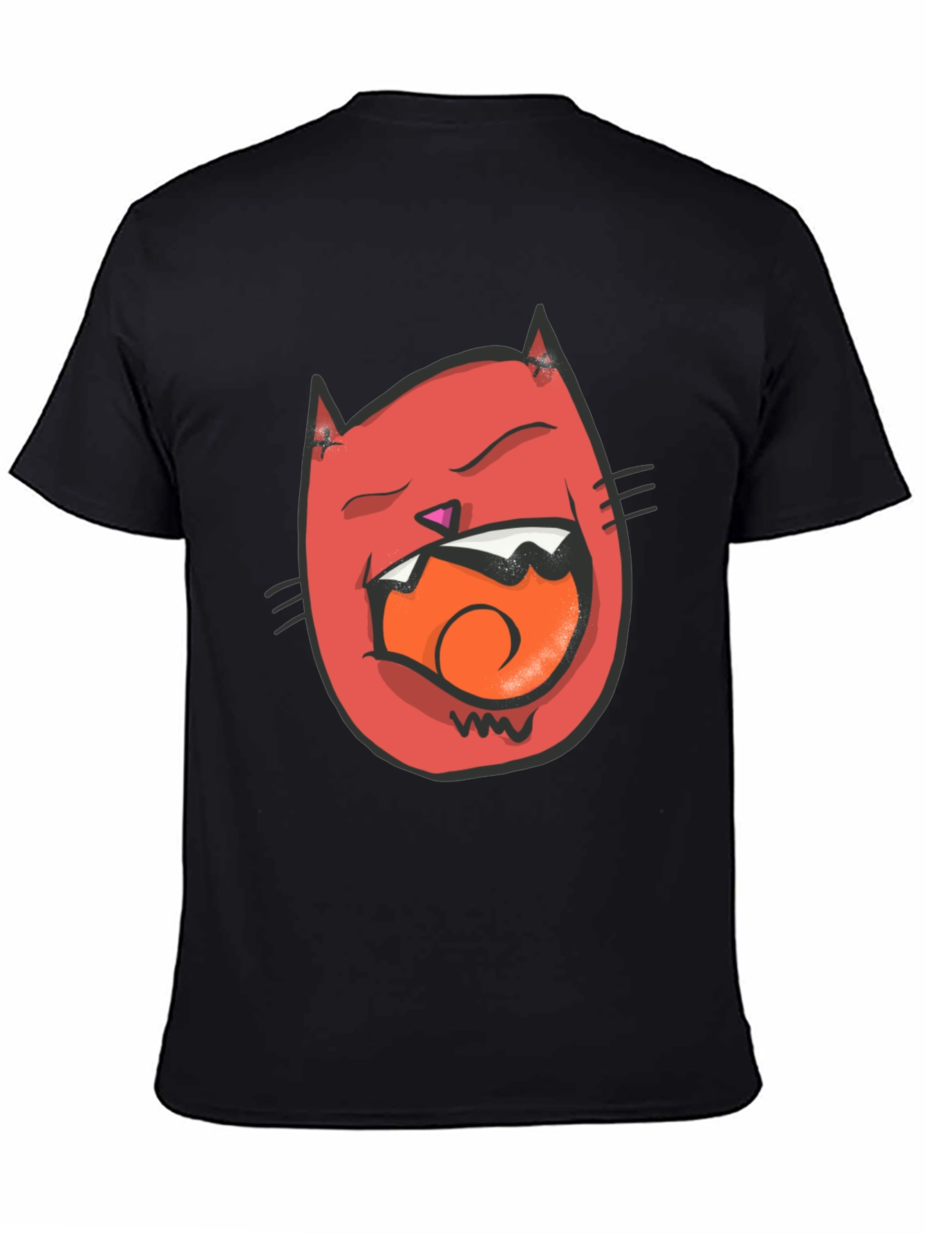 Cartoon Cat Graphic Tee - Black Crew Neck T-Shirt