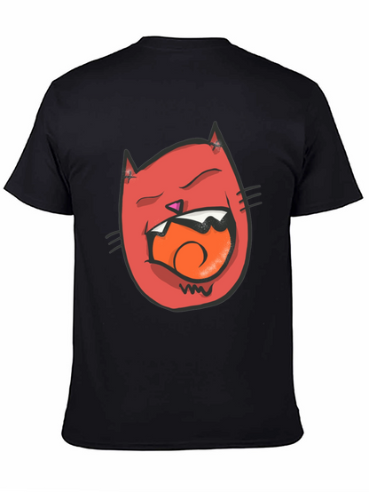 Cartoon Cat Graphic Tee - Black Crew Neck T-Shirt