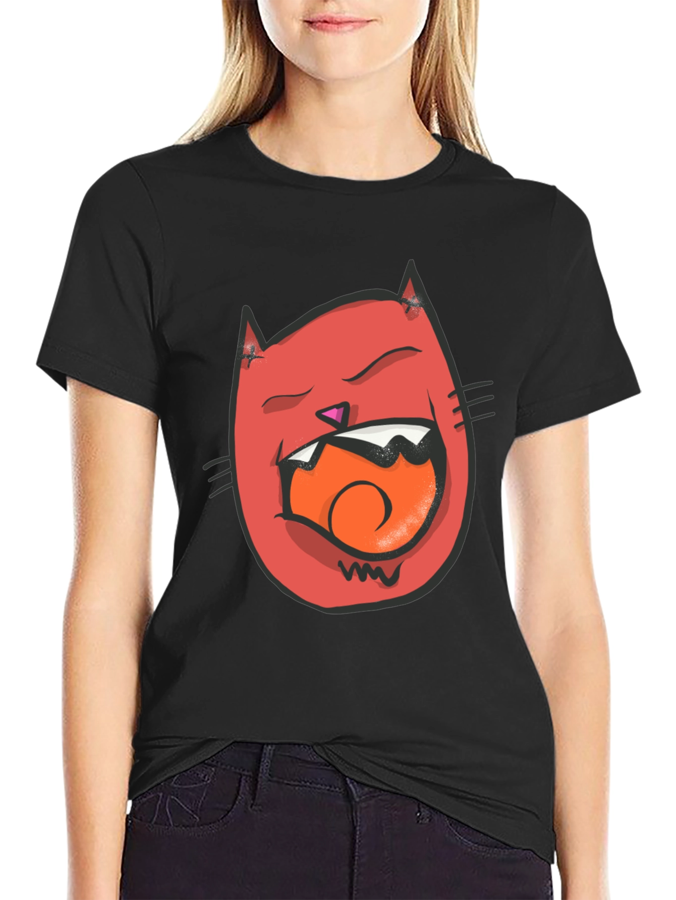 Cartoon Cat Graphic Tee - Black Crew Neck T-Shirt