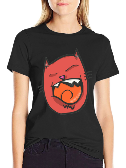 Cartoon Cat Graphic Tee - Black Crew Neck T-Shirt