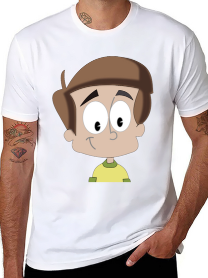 Cartoon Boy Graphic T-Shirt - Casual Black Tee