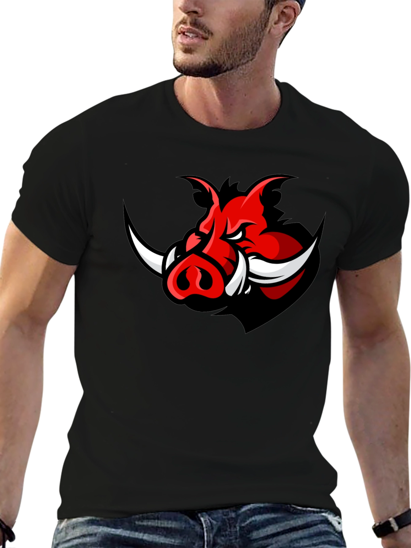 Mens Black T-Shirt with Red Boar Graphic