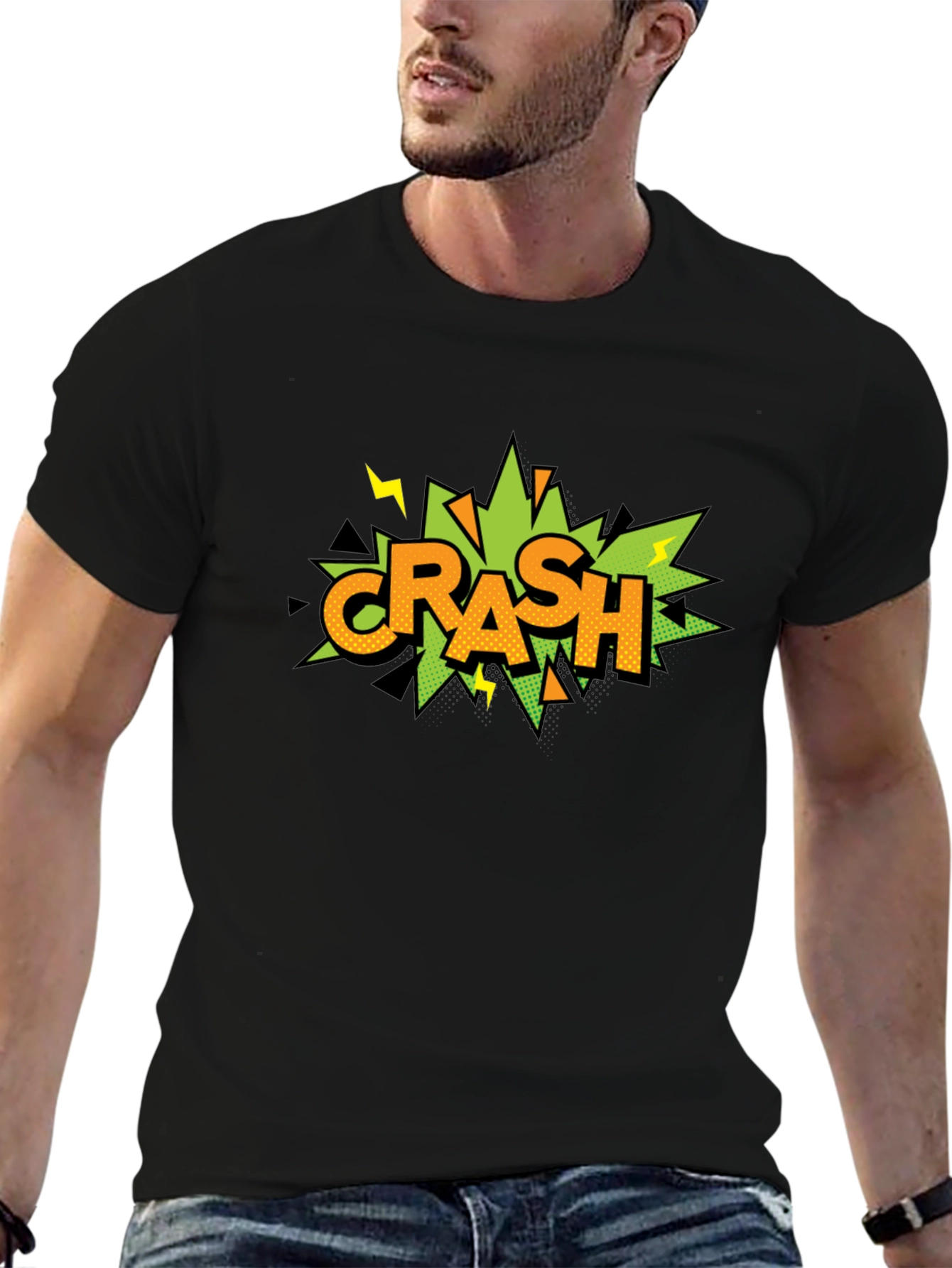 Crash Comic Style Graphic Print Black T-Shirt