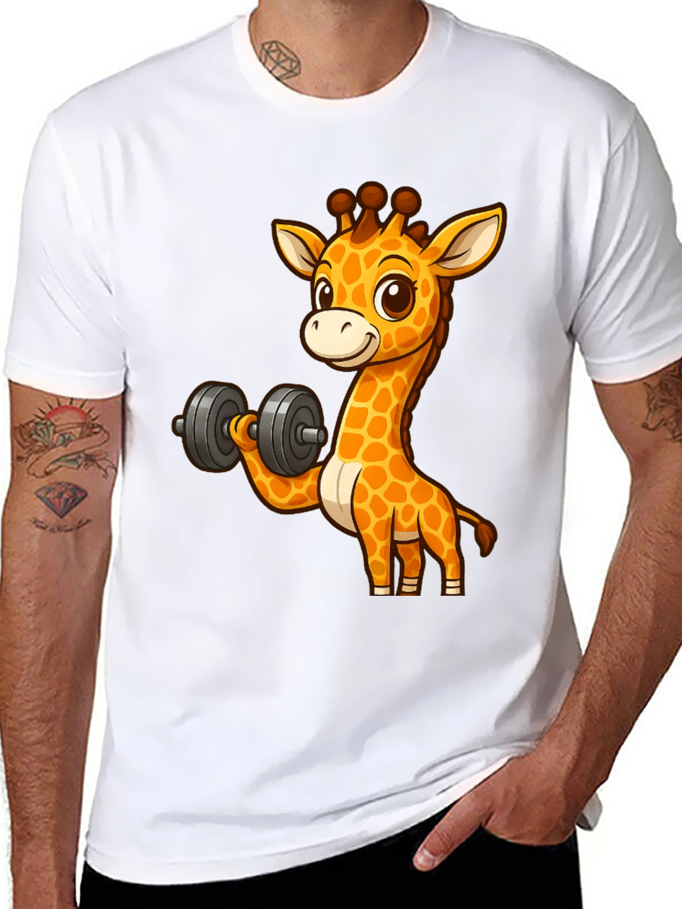 Giraffe Lifting Dumbbell Graphic T-Shirt
