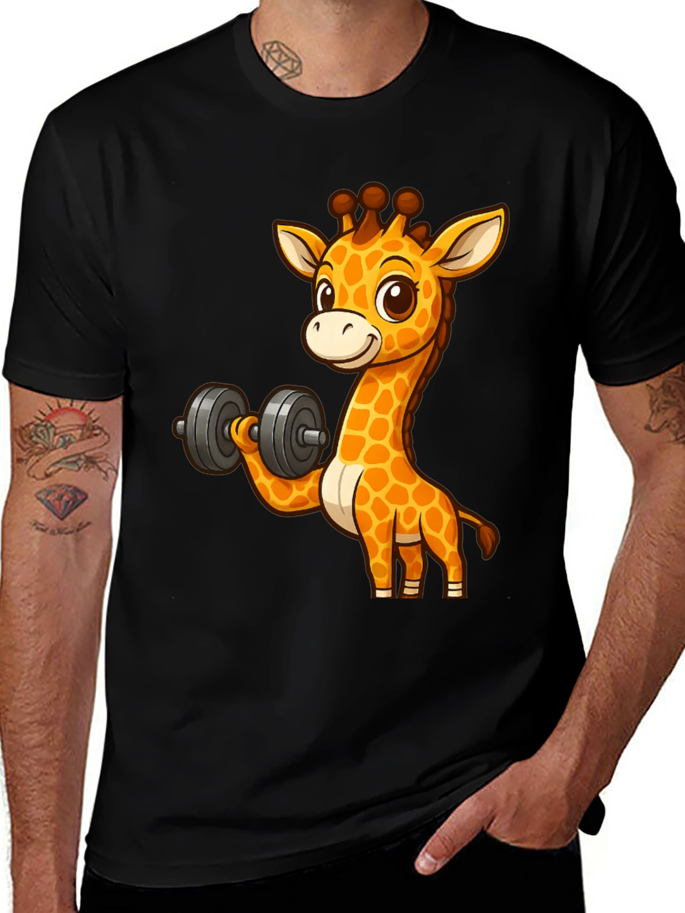 Giraffe Lifting Dumbbell Graphic T-Shirt