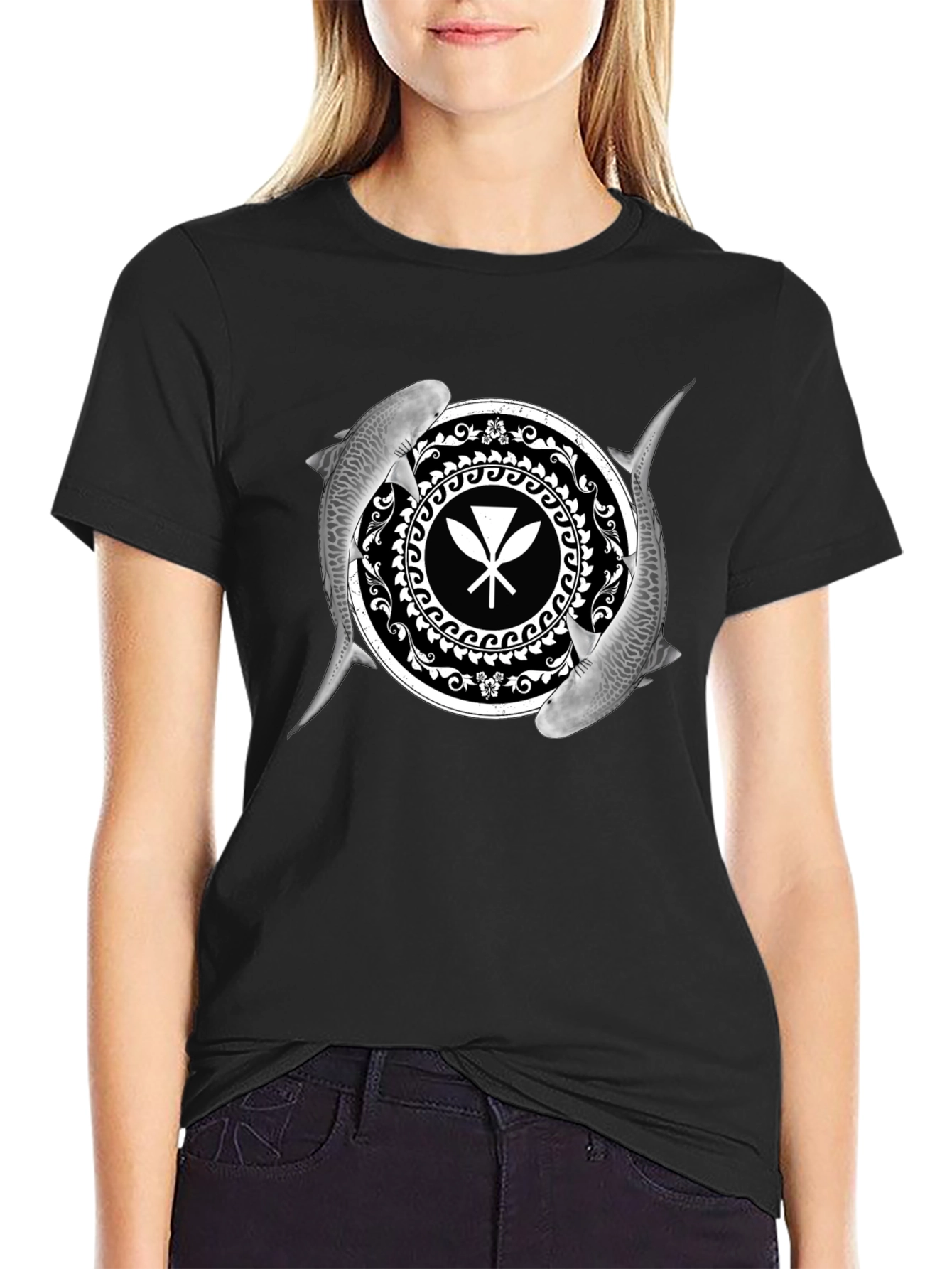Shark and Paddle Graphic Black T-Shirt