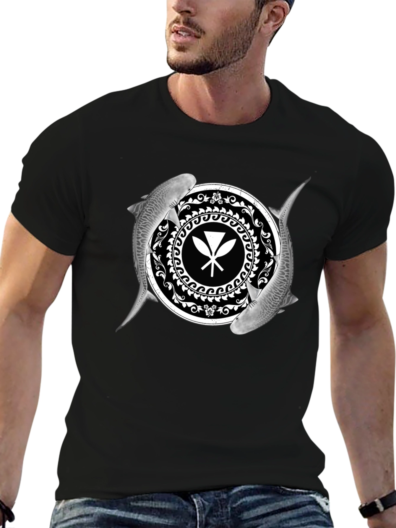 Shark and Paddle Graphic Black T-Shirt