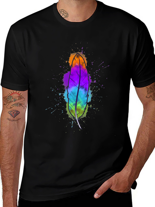 Colorful Feather Graphic Black T-Shirt