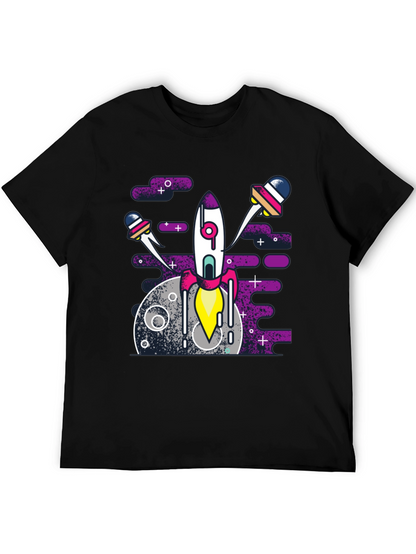 Space Rocket Graphic Tee - Black Cotton Blend Shirt