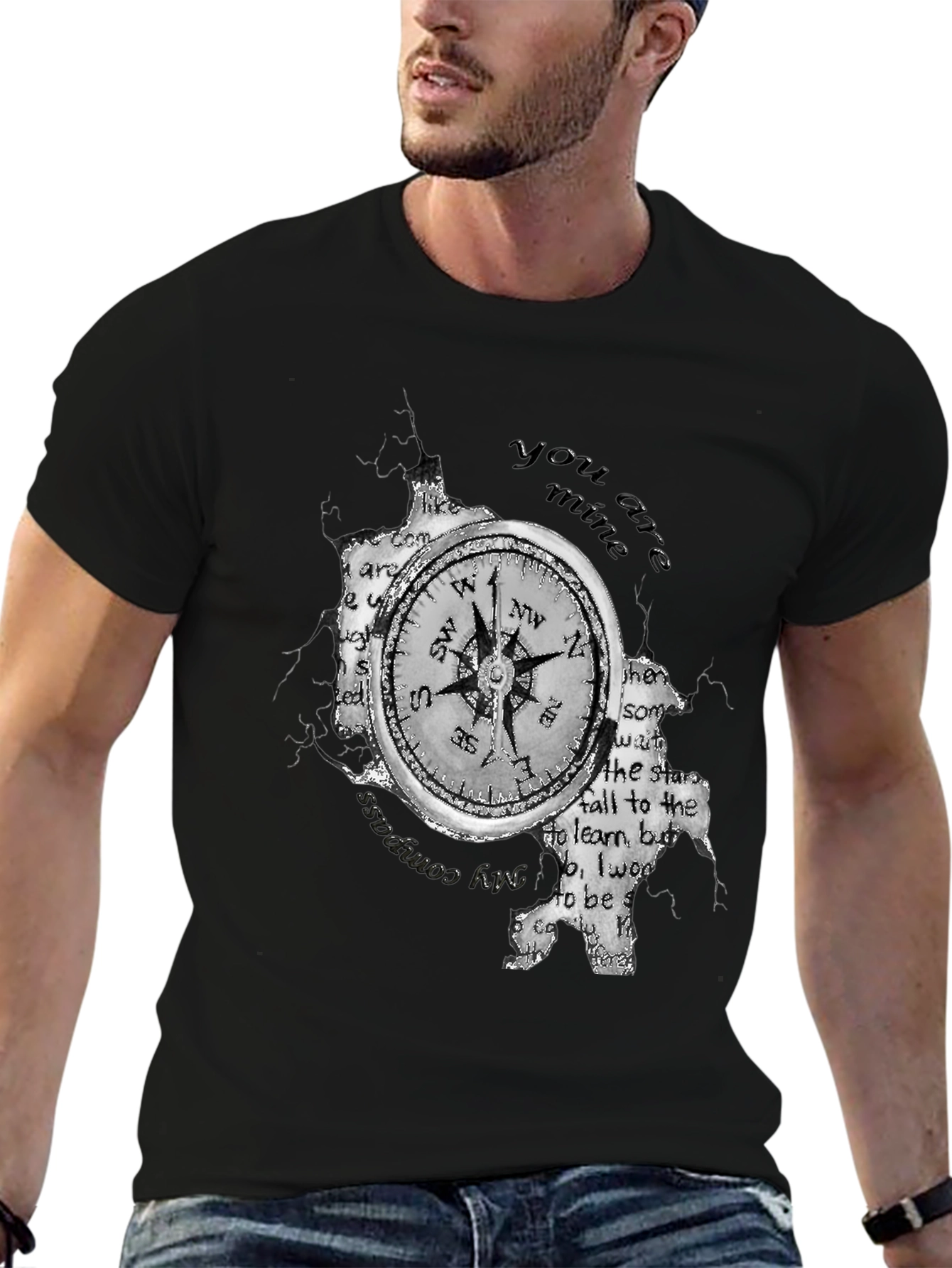 Compass & Text Print Black T-Shirt