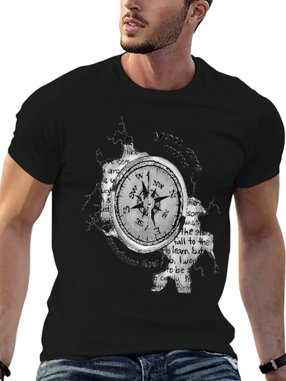 Compass & Text Print Black T-Shirt