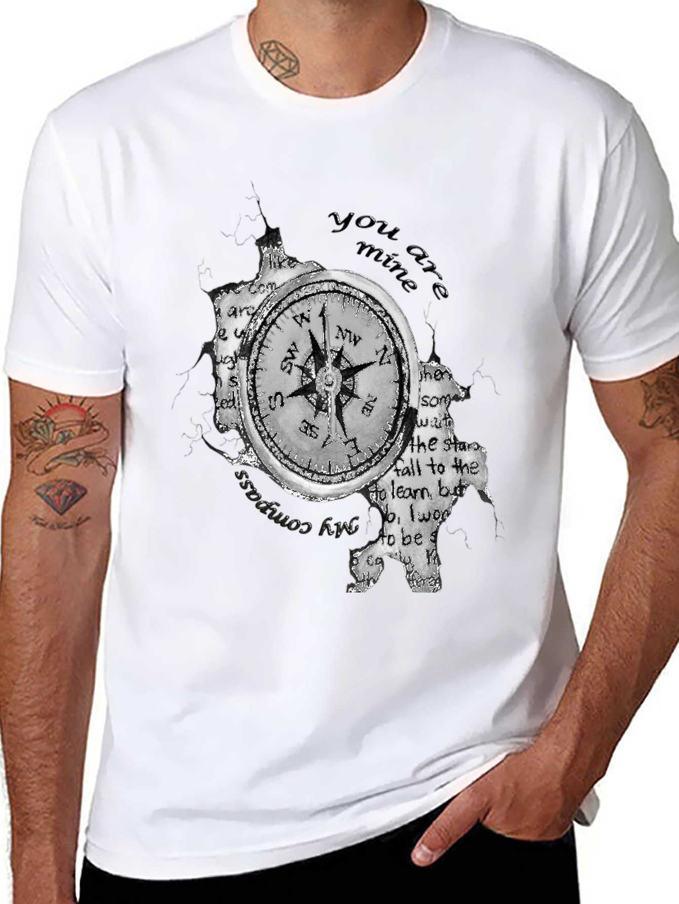Compass & Text Print Black T-Shirt