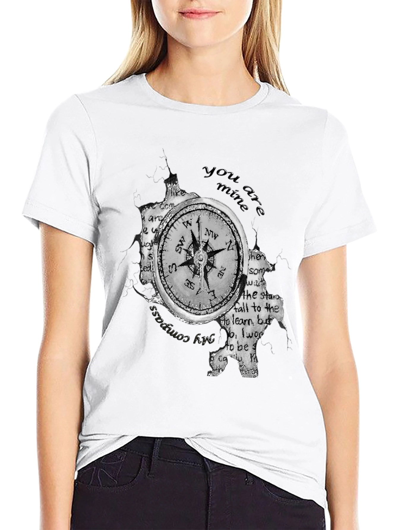 Compass & Text Print Black T-Shirt