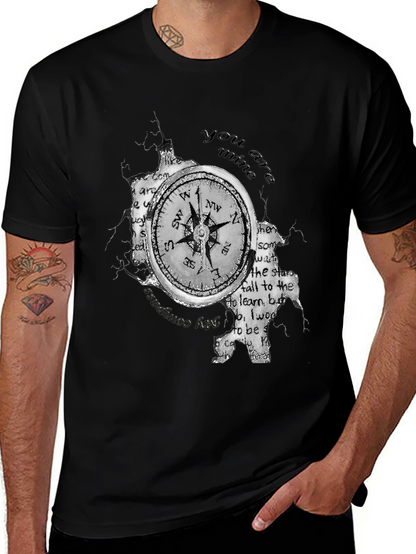 Compass & Text Print Black T-Shirt