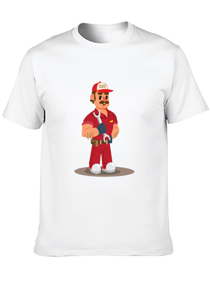 Cartoon Mechanic Graphic Tee - Black Casual T-Shirt