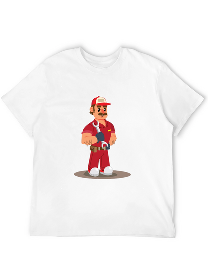 Cartoon Mechanic Graphic Tee - Black Casual T-Shirt