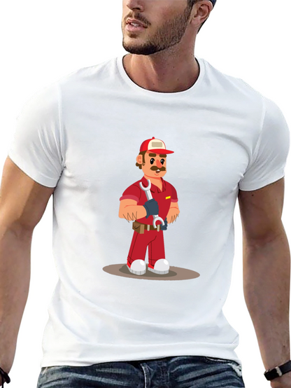 Cartoon Mechanic Graphic Tee - Black Casual T-Shirt
