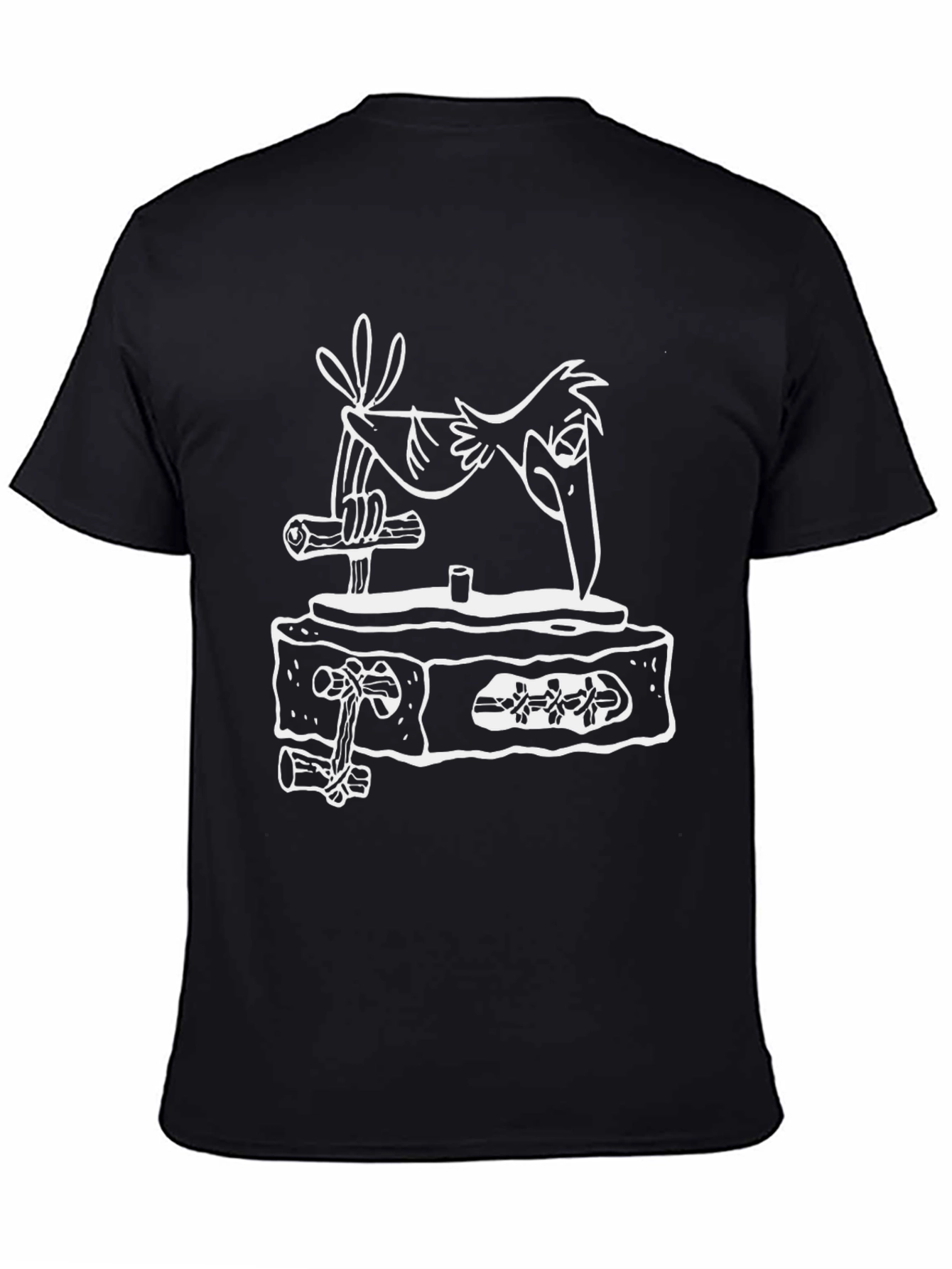 Cartoon Bird on Tombstone Black T-Shirt