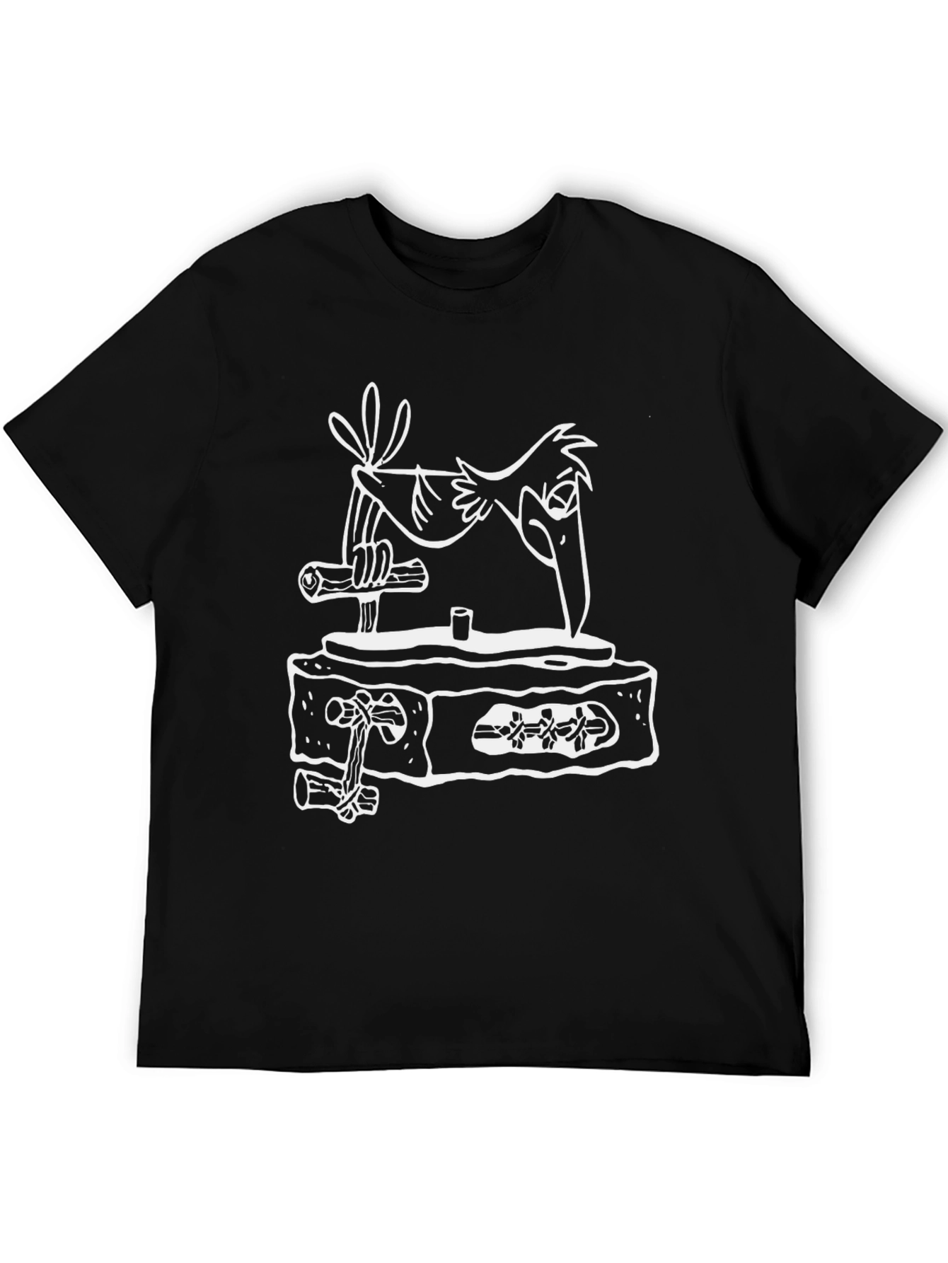 Cartoon Bird on Tombstone Black T-Shirt