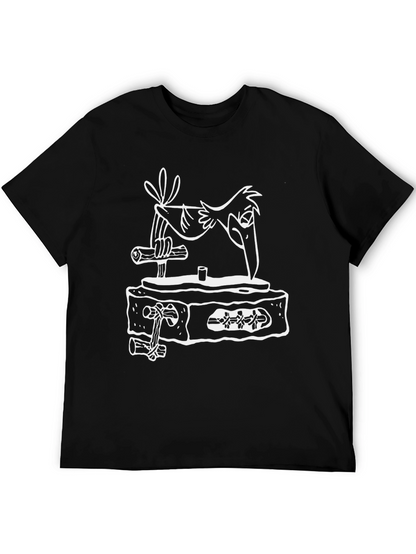 Cartoon Bird on Tombstone Black T-Shirt