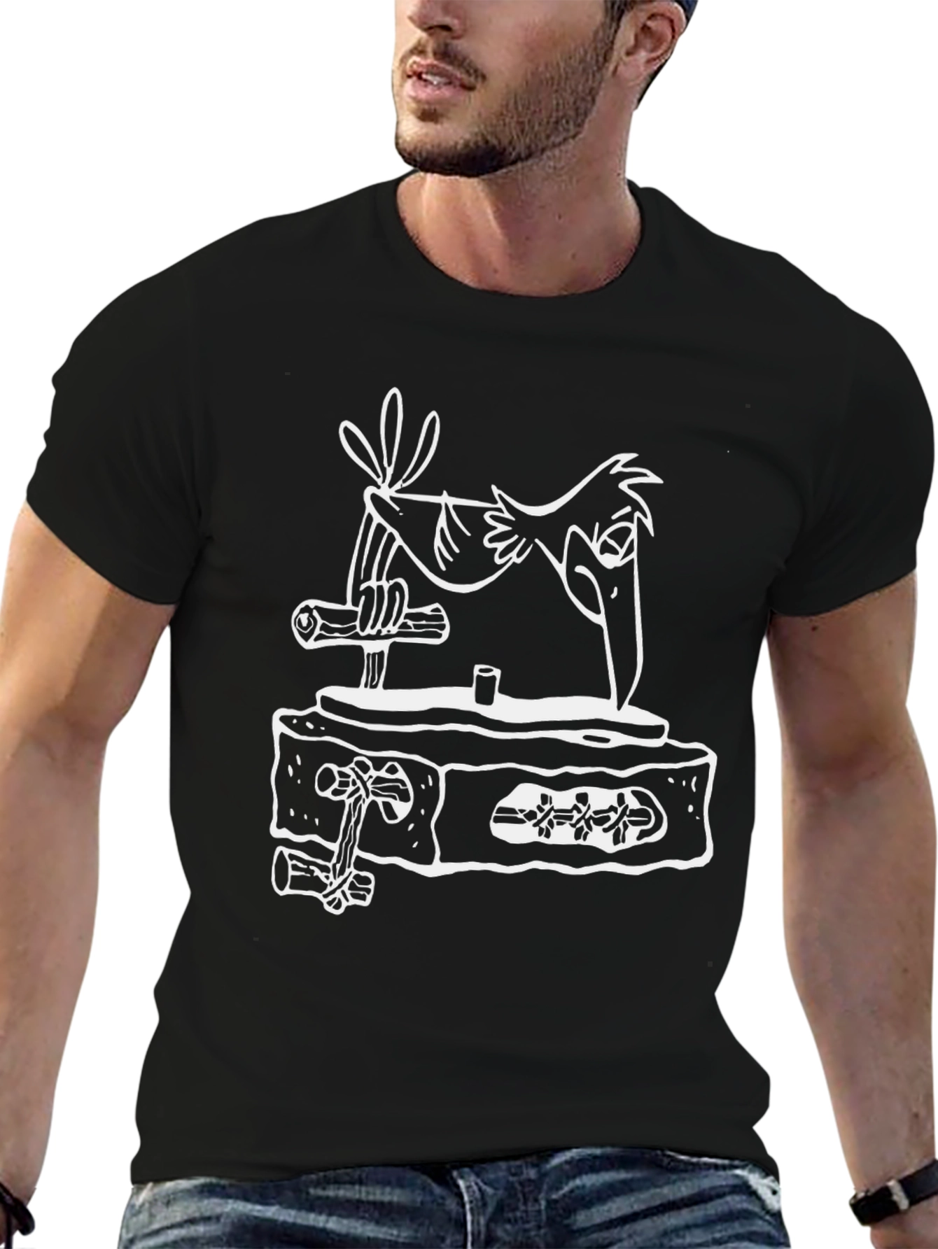 Cartoon Bird on Tombstone Black T-Shirt