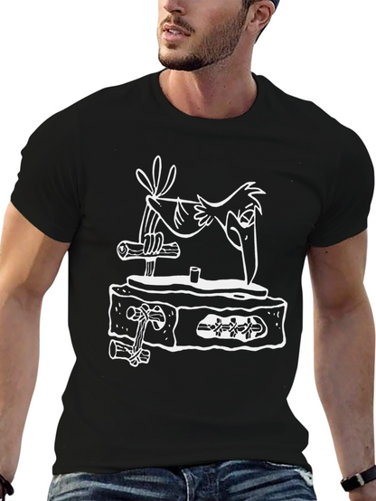 Cartoon Bird on Tombstone Black T-Shirt