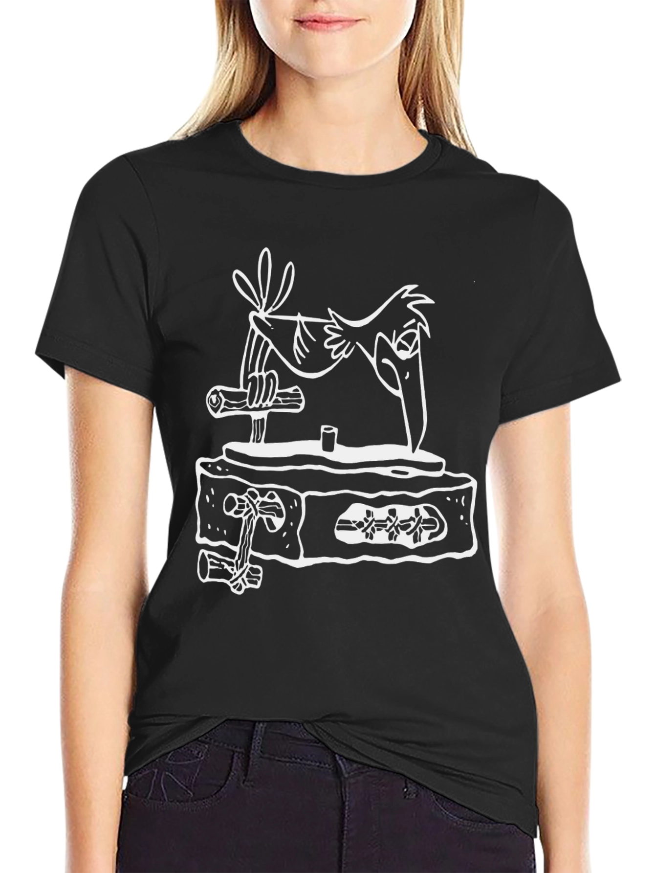 Cartoon Bird on Tombstone Black T-Shirt