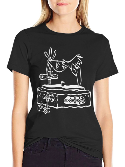 Cartoon Bird on Tombstone Black T-Shirt
