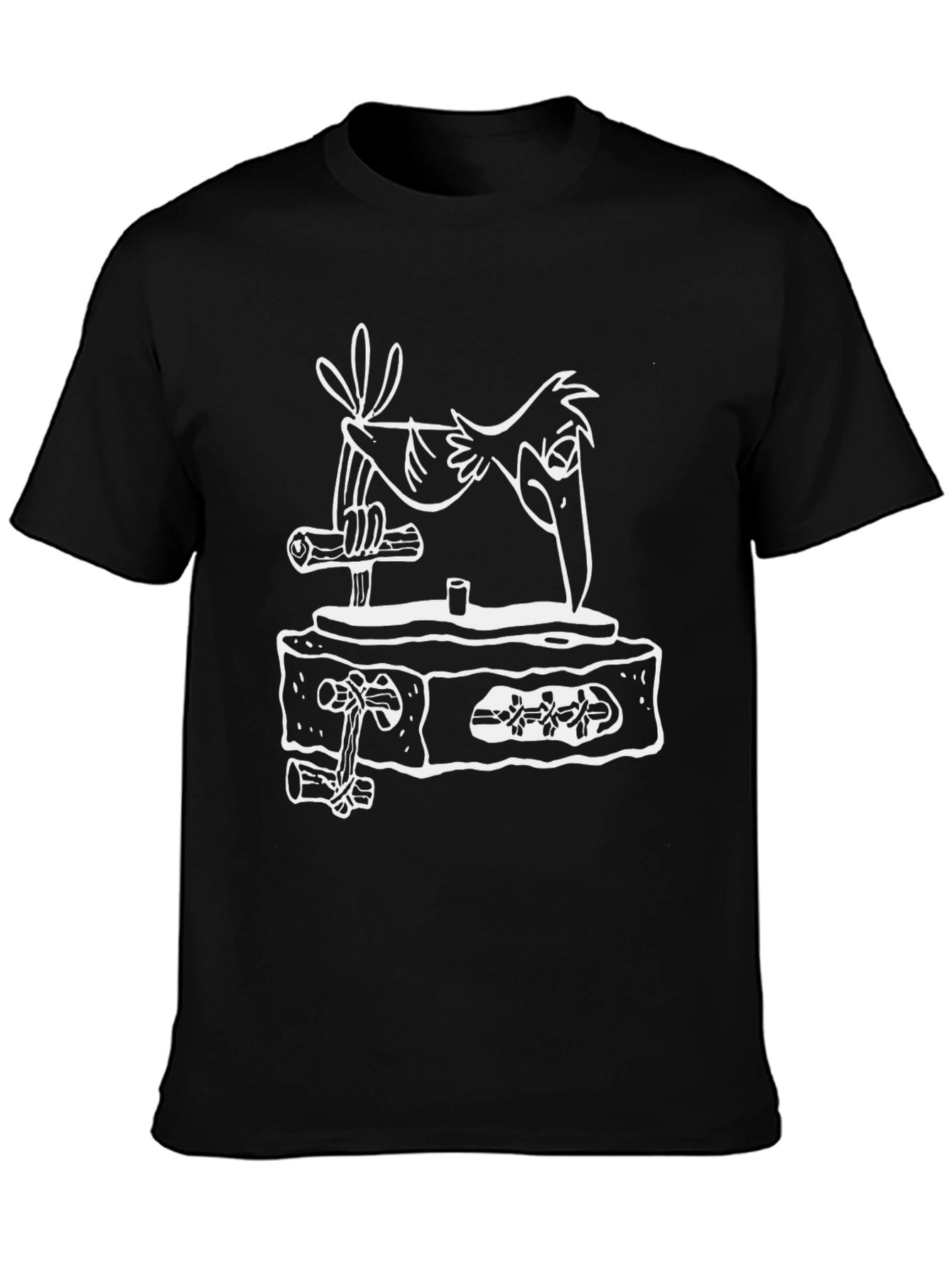 Cartoon Bird on Tombstone Black T-Shirt