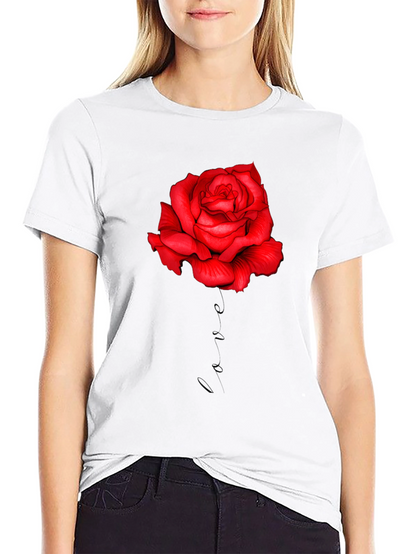 Red Rose Love Print Black T-Shirt