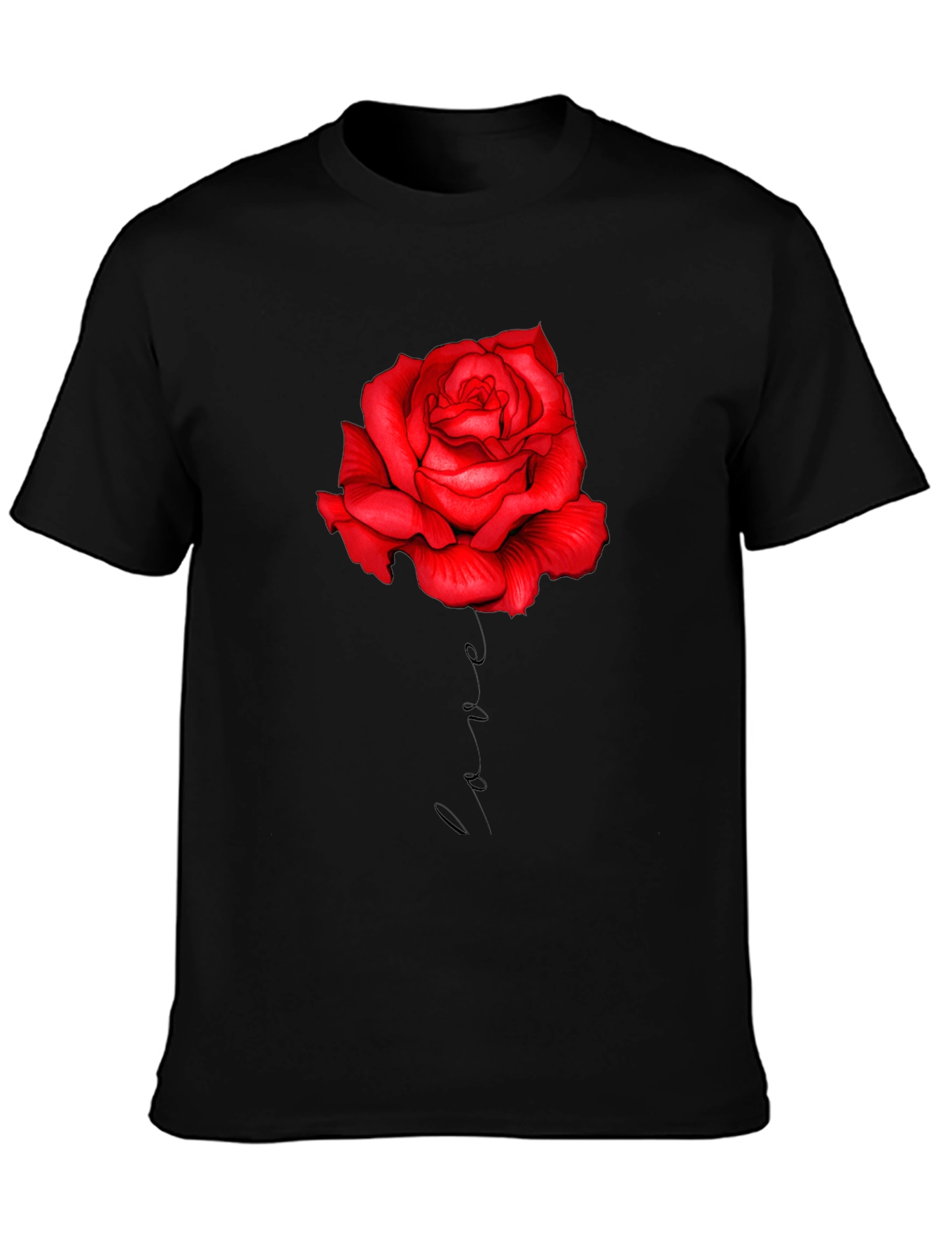 Red Rose Love Print Black T-Shirt
