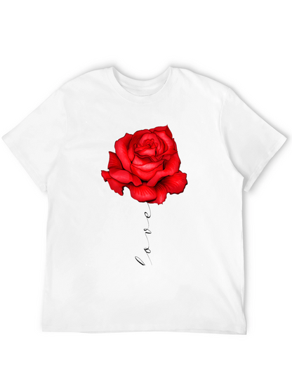 Red Rose Love Print Black T-Shirt
