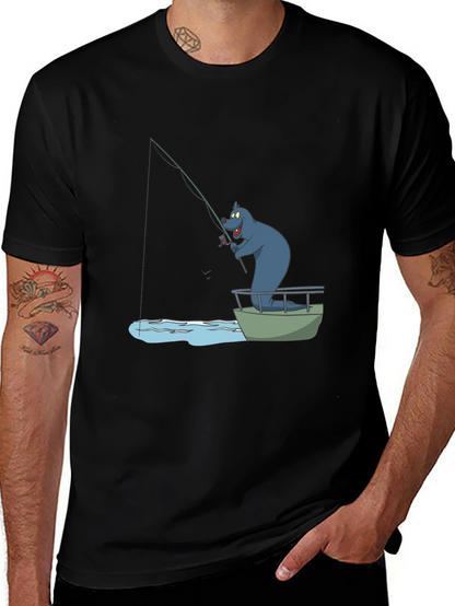 Cartoon Bear Fishing T-Shirt - Black Cotton Tee
