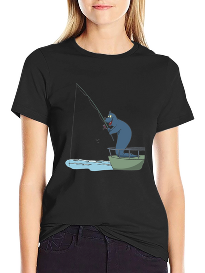 Cartoon Bear Fishing T-Shirt - Black Cotton Tee