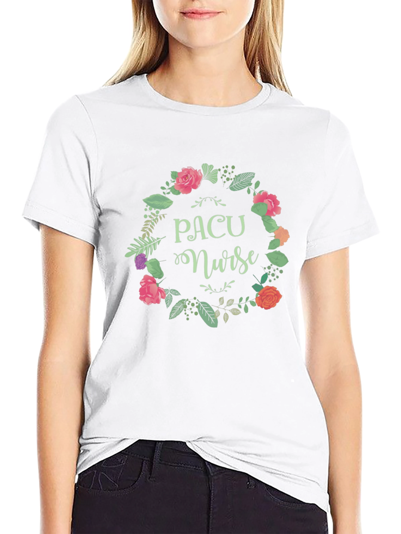 PACU Nurse Floral Wreath Black T-Shirt