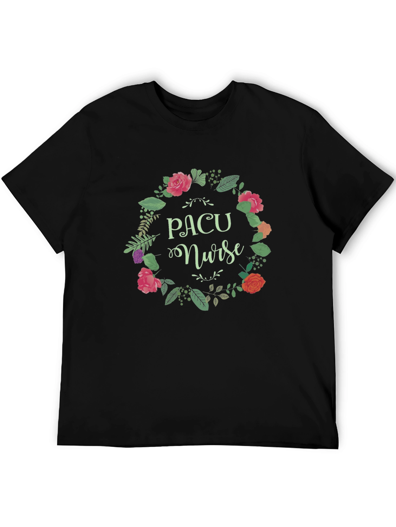 PACU Nurse Floral Wreath Black T-Shirt