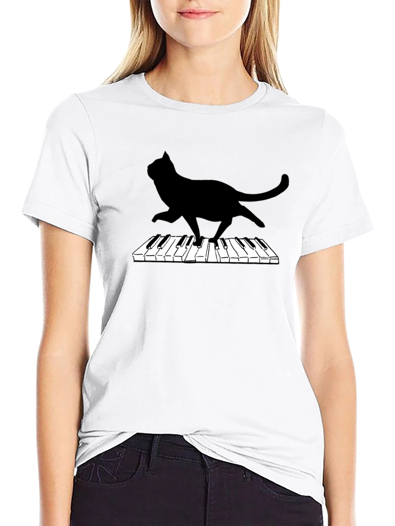 Cat Playing Piano Black Graphic Tee