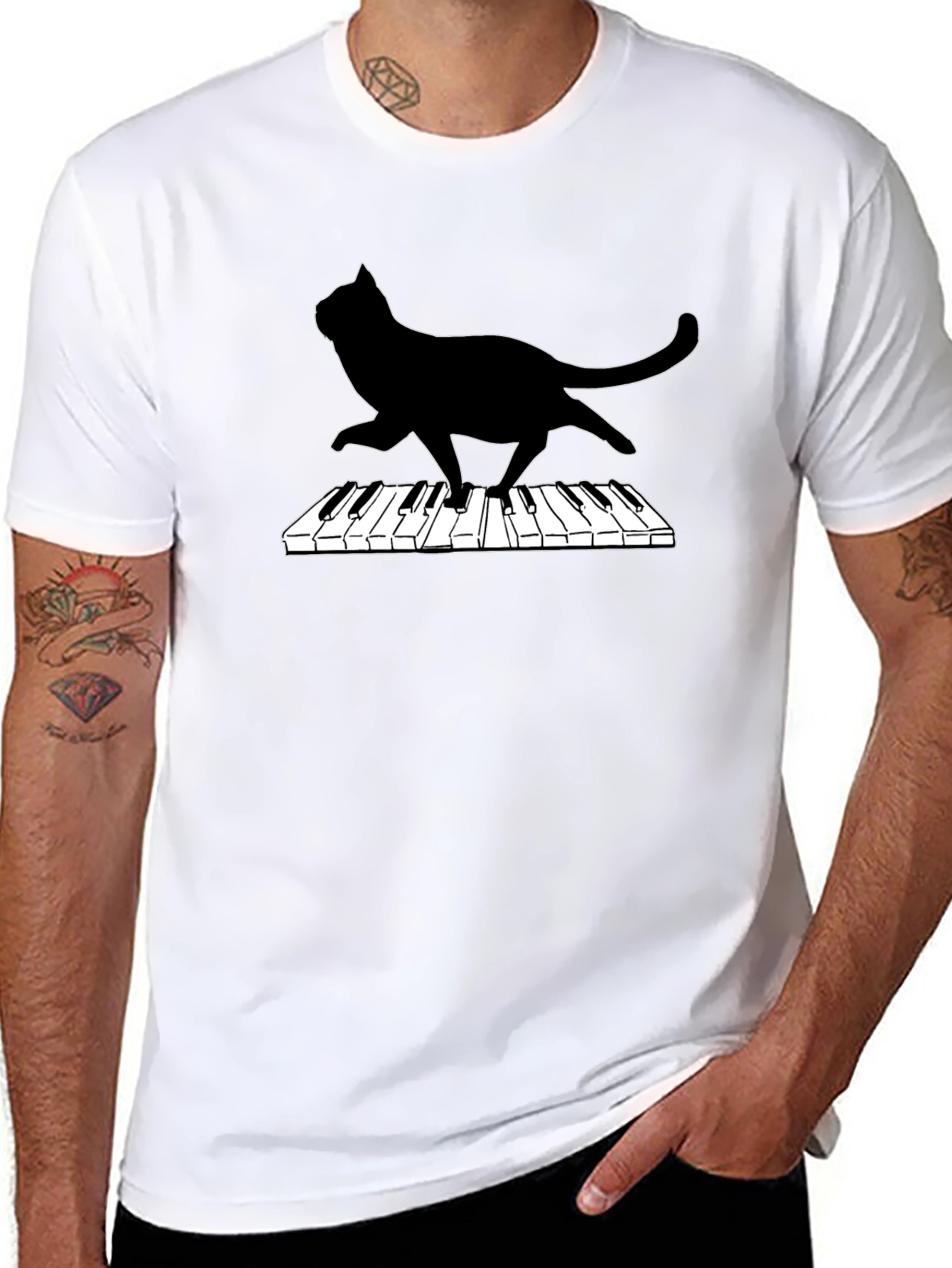 Cat Playing Piano Black Graphic Tee