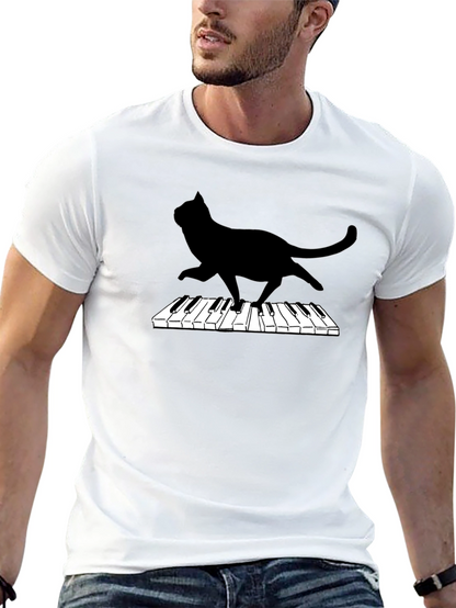 Cat Playing Piano Black Graphic Tee
