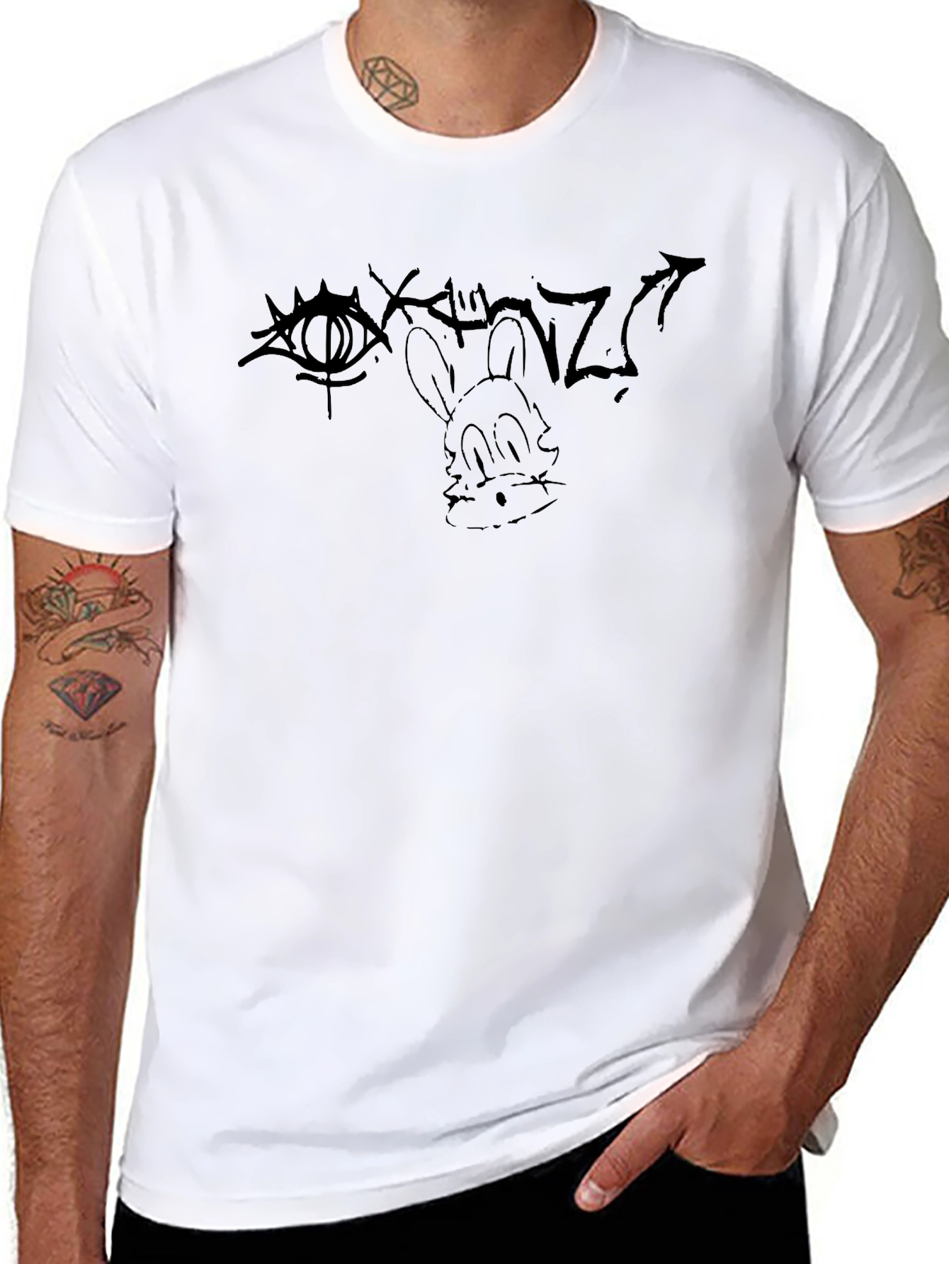Graphic Print Black T-Shirt - Eye & Rabbit Design