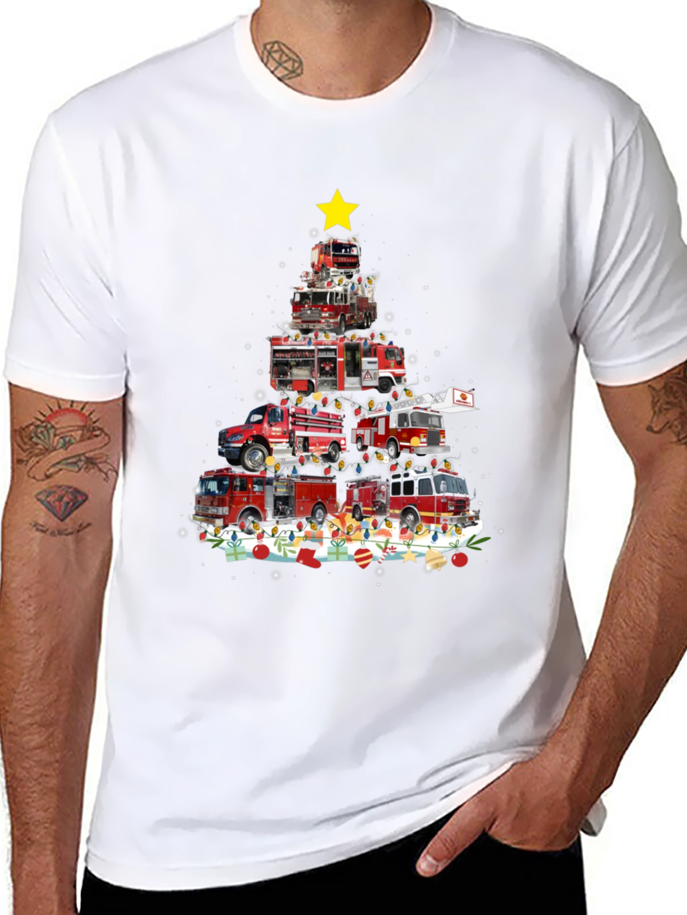 Firetruck Christmas Tree T-Shirt - Holiday Firefighter Tee
