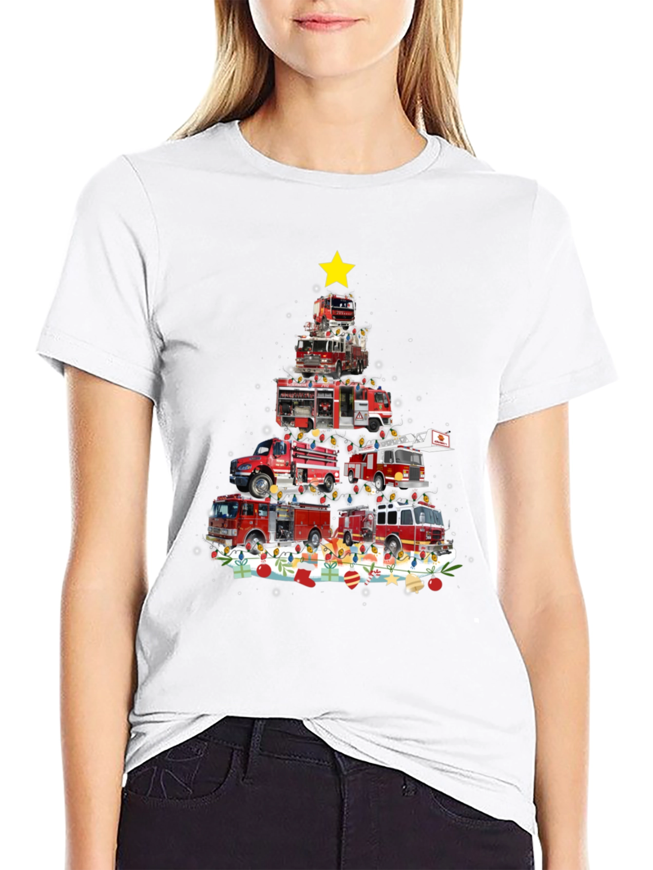 Firetruck Christmas Tree T-Shirt - Holiday Firefighter Tee