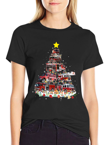 Firetruck Christmas Tree T-Shirt - Holiday Firefighter Tee