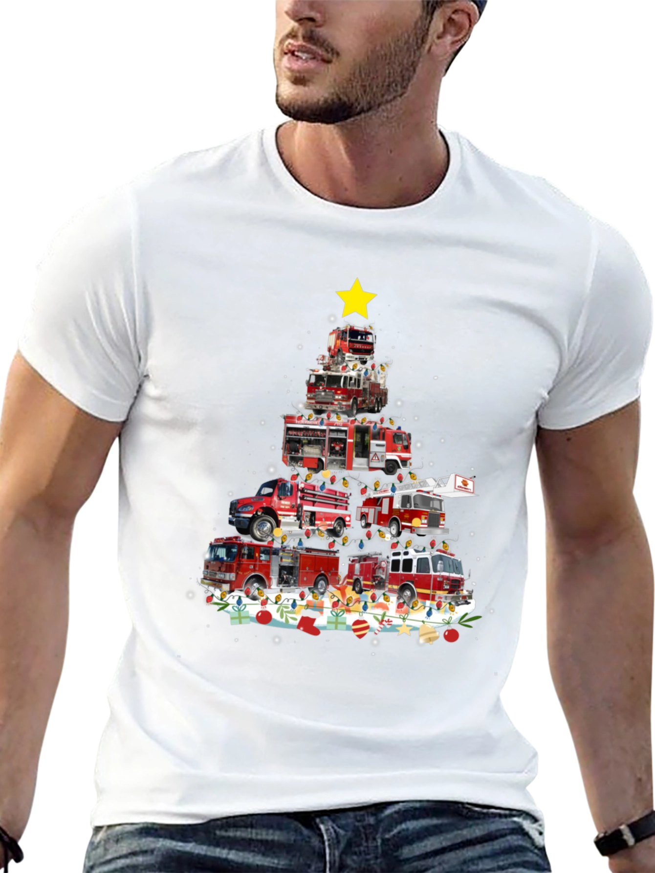 Firetruck Christmas Tree T-Shirt - Holiday Firefighter Tee