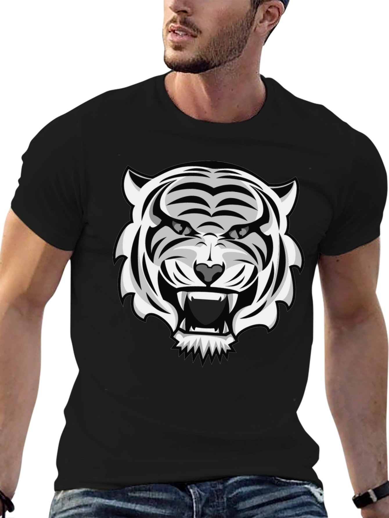 White Tiger Graphic Print Black T-Shirt