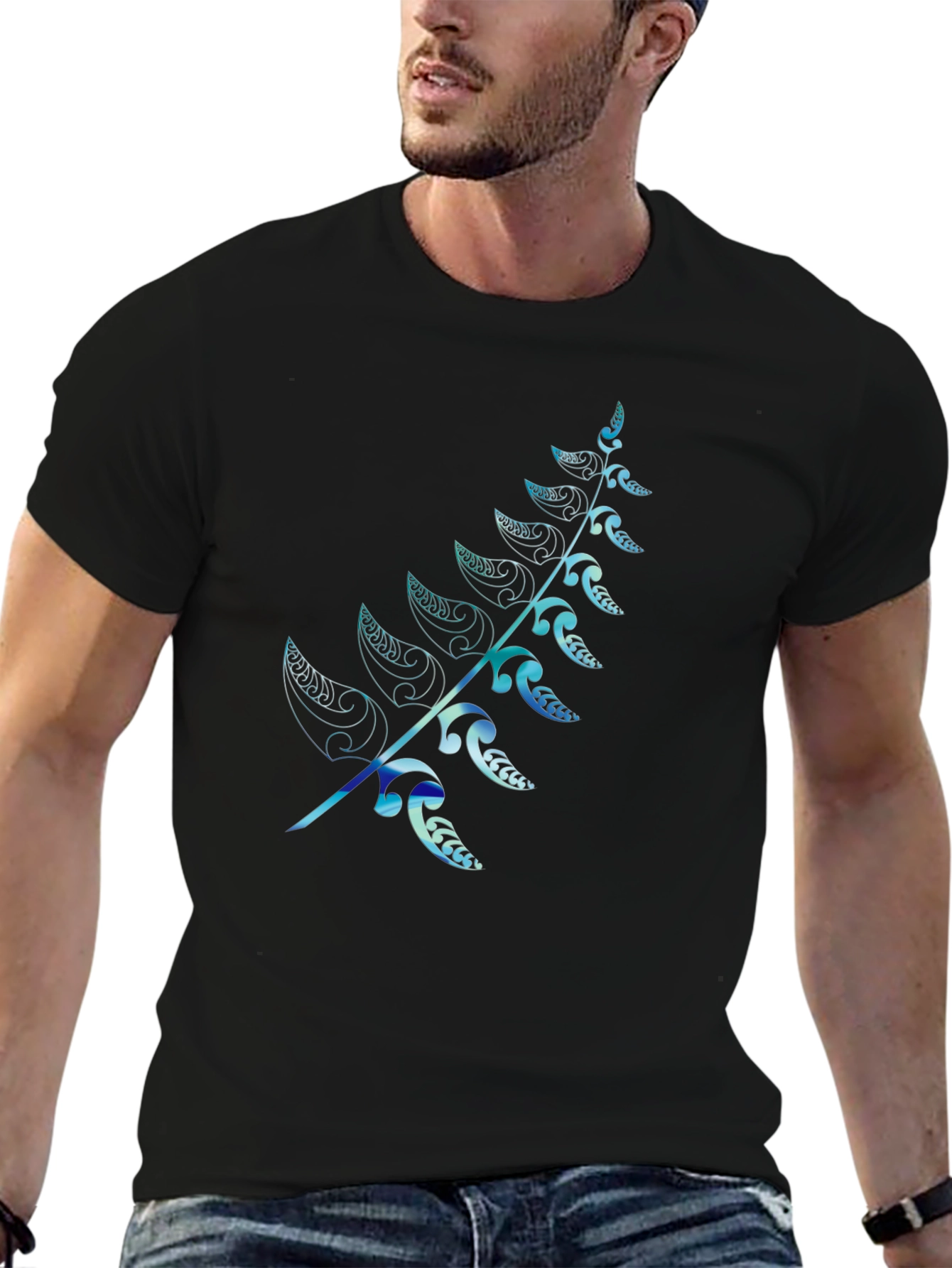 Mens Black T-Shirt with Blue Fern Design