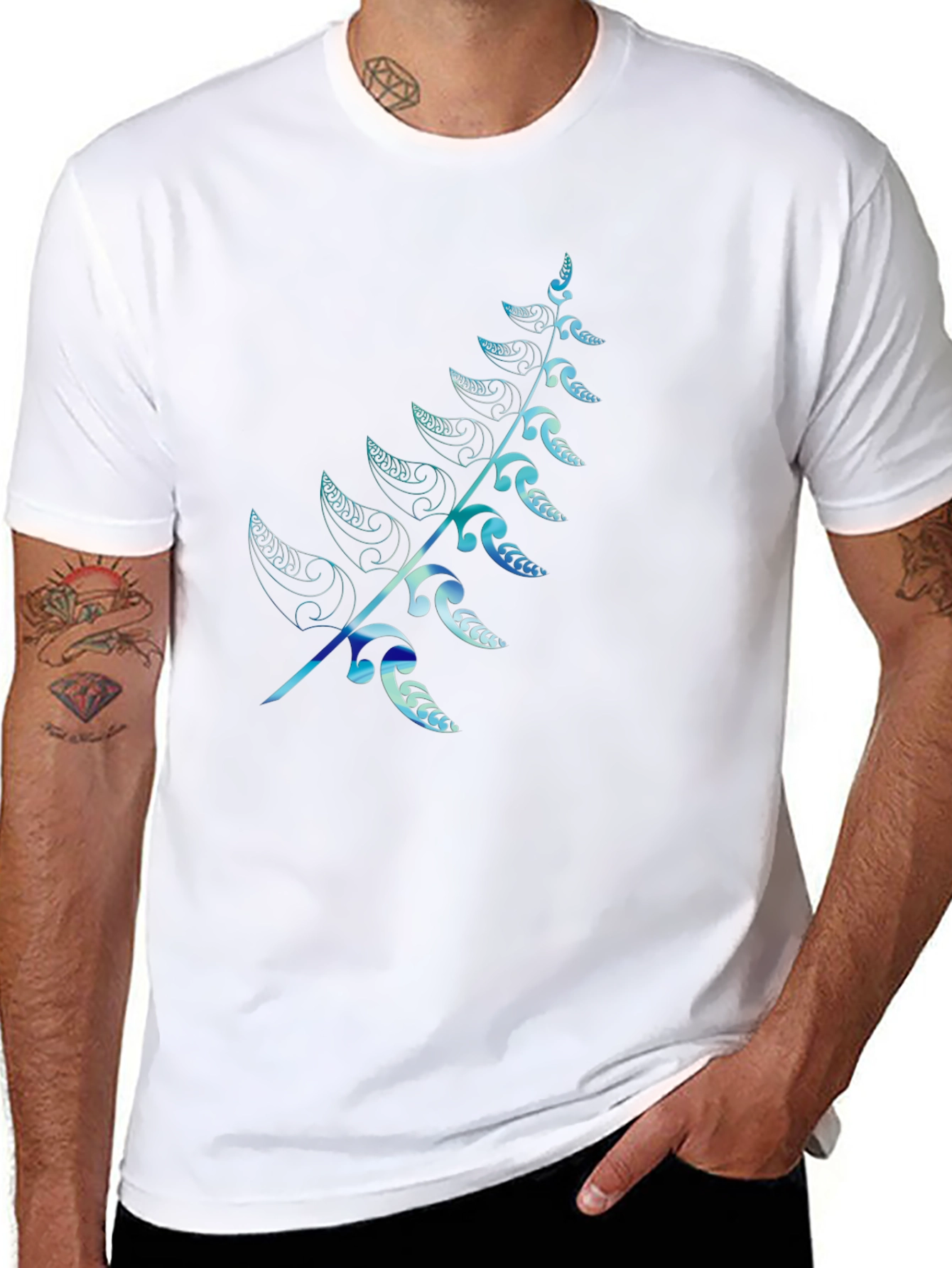 Mens Black T-Shirt with Blue Fern Design