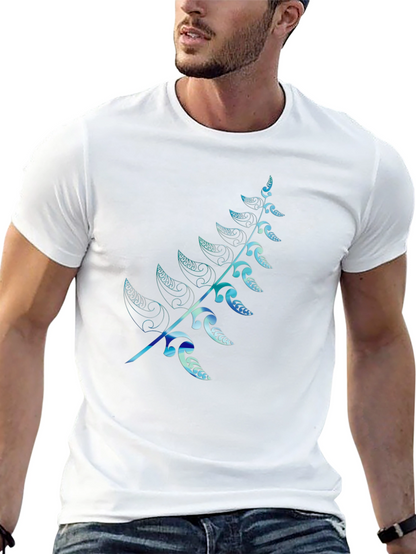 Mens Black T-Shirt with Blue Fern Design