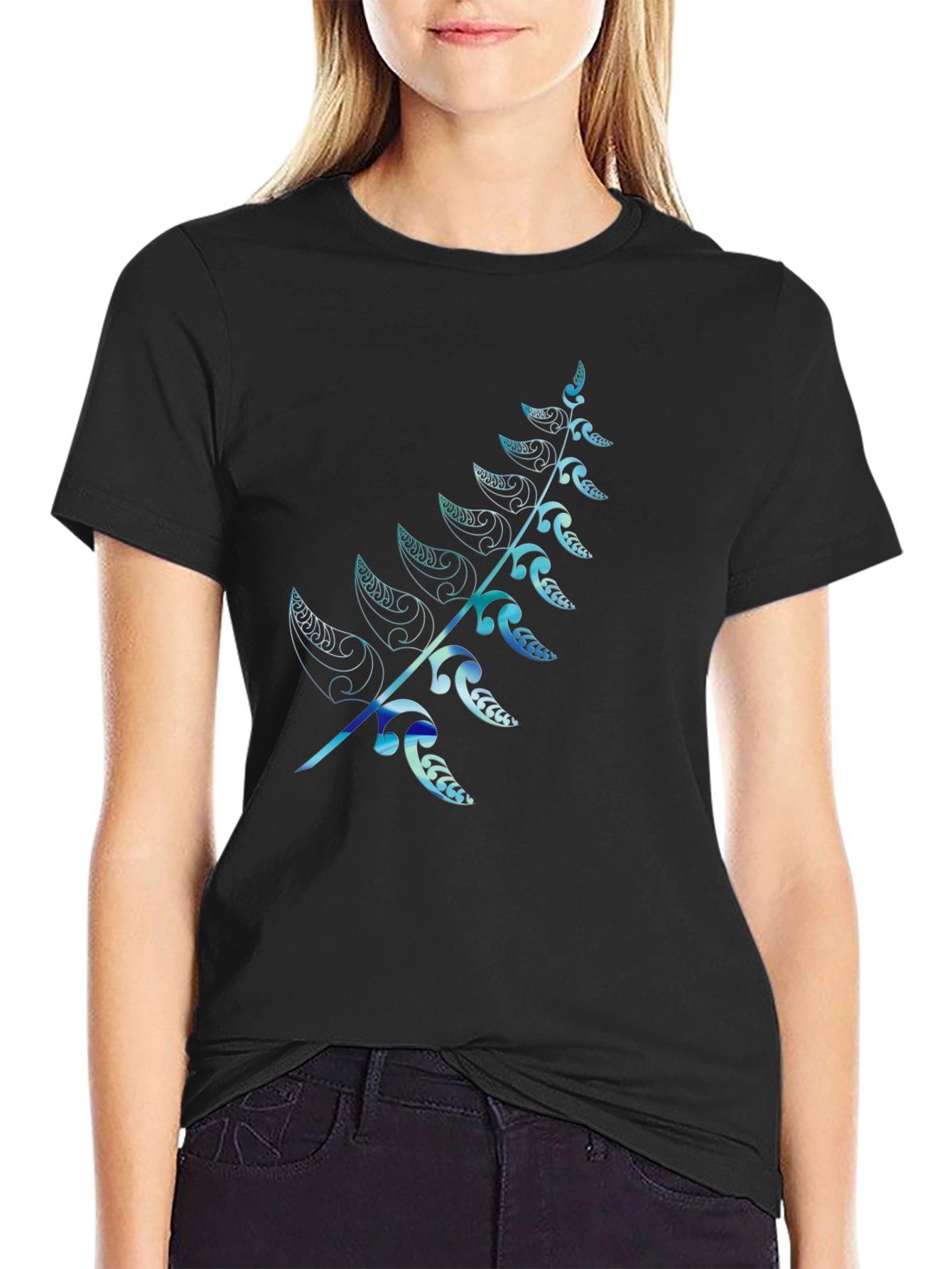 Mens Black T-Shirt with Blue Fern Design