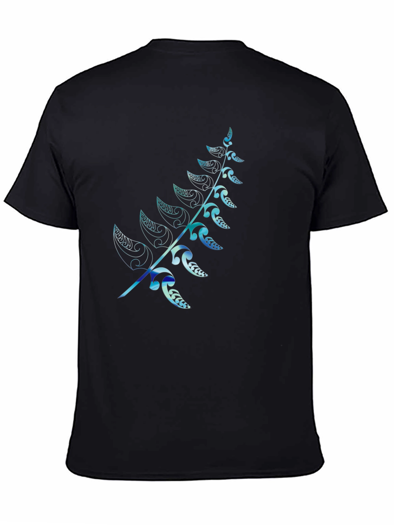 Mens Black T-Shirt with Blue Fern Design